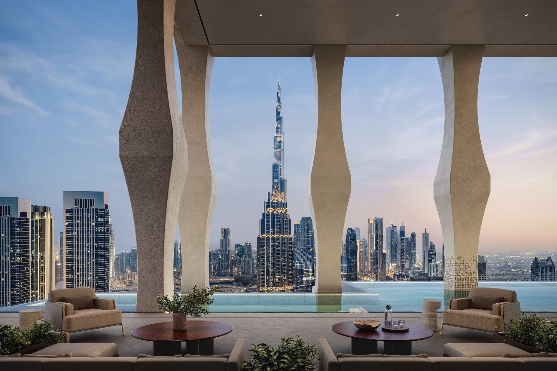 Residential terrace with an infinity pool and a view of the Burj Khalifa