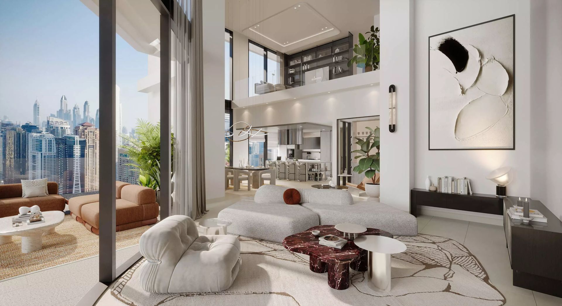 Double-height living room with a view over the Dubai Marina skyline