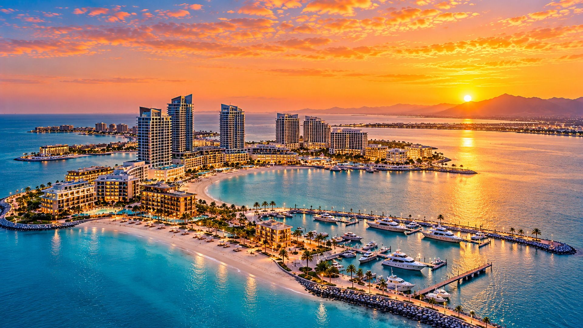 Illustration of an island marina and towers at sunset